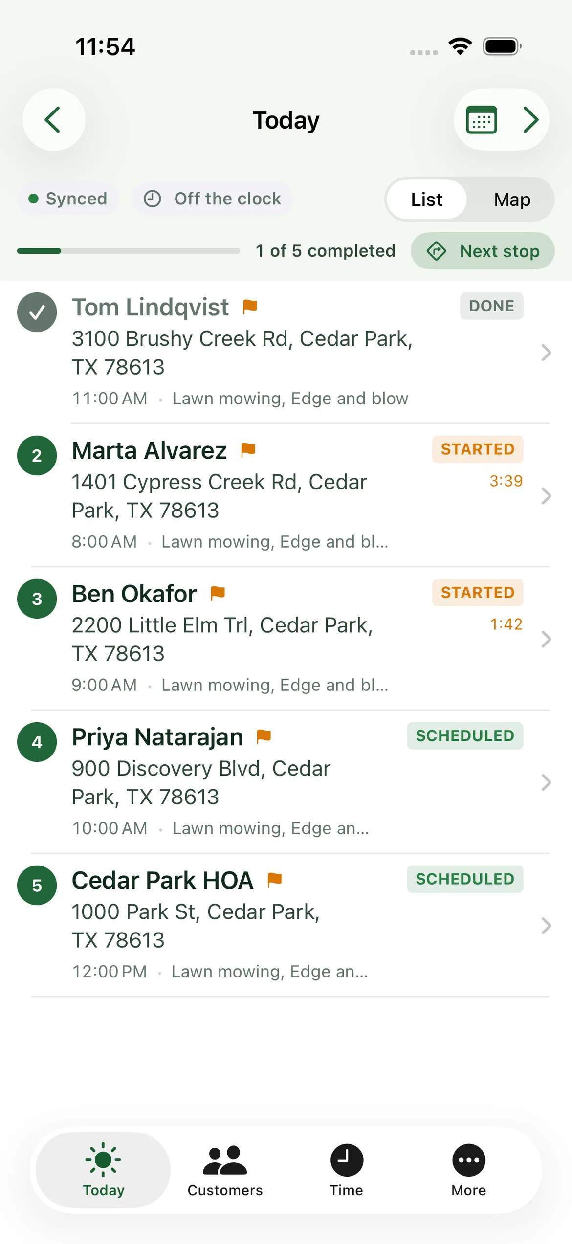 TurfPlanner Crew on an iPhone: today's five stops in route order, one marked done, with the next stop ready to navigate